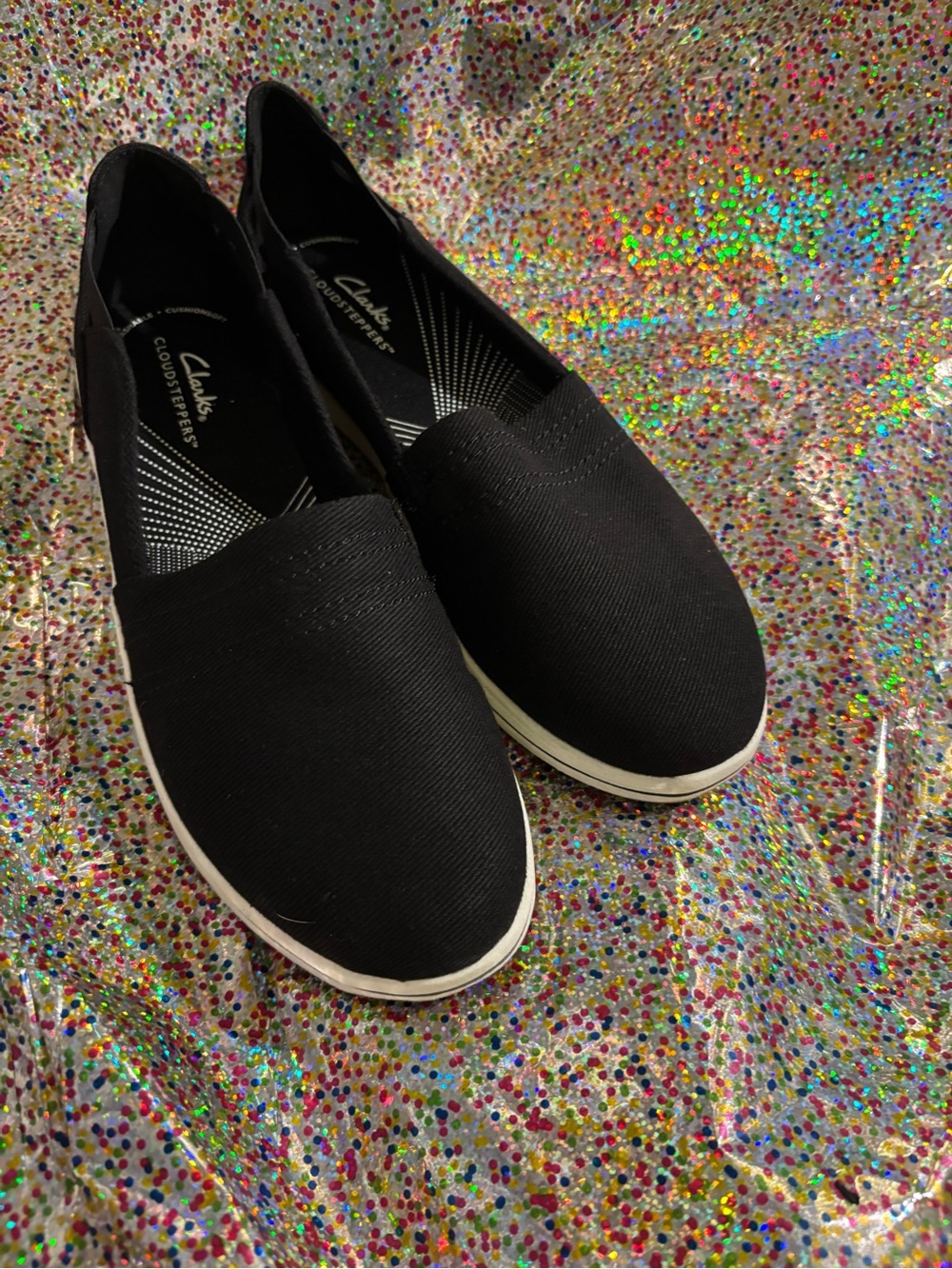 Cloudsteppers by Clarks Black Slip-On Canvas Flats with White Trim